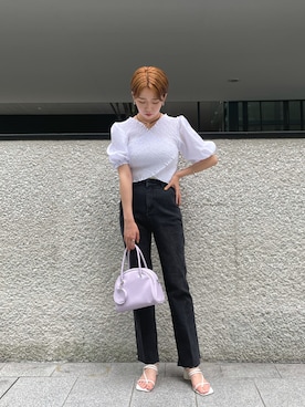 「アイテム（ボストンバッグ、パープル系）」を使った、クスミアキさん（レディース・162cm）の夏コーディネート