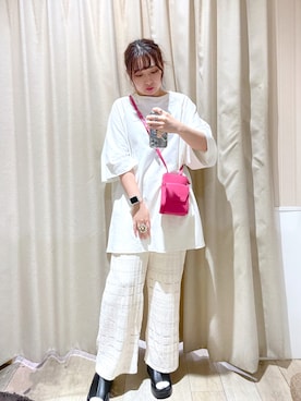 「オールホワイト」｜「アイテム（チュニック）」を使った、おかゆさん（レディース・161cm）の夏コーディネート