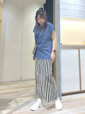 「LEPSIM（レプシィム）のフレンチスリーブプリントチュニック　124107（Tシャツ/カットソー）」を使った、おかゆさん（レディース・161cm）の夏コーディネート