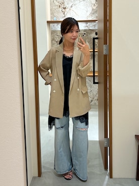 「LOUNGEDRESS（ラウンジドレス）のリネンライクシアージャケット（休閒西裝、ベージュ系）」を使った、Fukuda Hinakoさん（レディース・159cm）の夏コーディネート