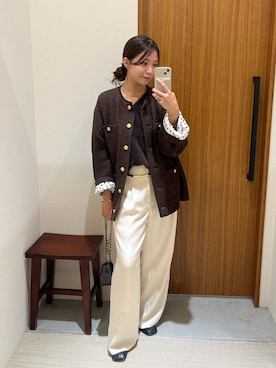 「アイテム（ノーカラージャケット）」を使った、Fukuda Hinakoさん（レディース・159cm）の冬コーディネート