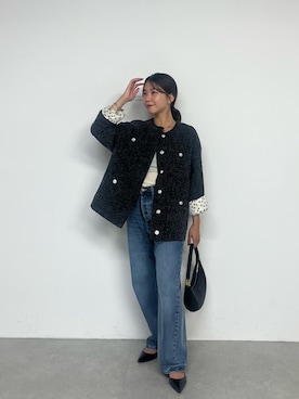 「アイテム（ノーカラージャケット）」を使った、Fukuda Hinakoさん（レディース・159cm）の冬コーディネート