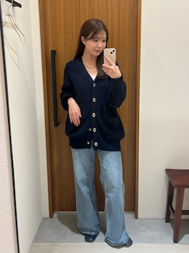 「LOUNGEDRESS（ラウンジドレス）のゴールドリングカーデ（カーディガン/ボレロ、ブルー系）」を使った、Fukuda Hinakoさん（レディース・159cm）の春コーディネート