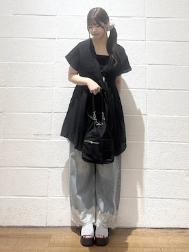 「LOWRYS FARM（ローリーズファーム）のシャーリングチュニックフレンチスリーブ　 581468（シャツ/ブラウス、ブラック系）」を使った、saaaki0217さん（レディース）の夏コーディネート