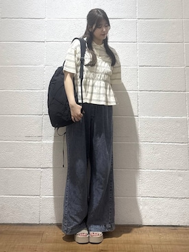 「LOWRYS FARM（ローリーズファーム）のスタイルＵＰクロスカップキャミ　100757（Tシャツ/カットソー、ホワイト系）」を使った、saaaki0217さん（レディース）の夏コーディネート