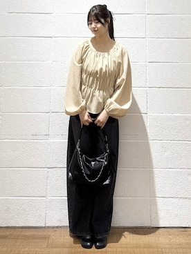 「LOWRYS FARM（ローリーズファーム）のドットリボンツキシュシュ  605359（シュシュ、ブラック系）」を使った、saaaki0217さん（レディース）の春コーディネート