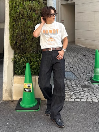 「HOUSTON(ヒューストン)のHOUSTON USED加工プリントTシャツ(HOWDY)(Tシャツ/カットソー)」を使った、岡本幸大さん(メンズ・172cm)の夏コーディネート