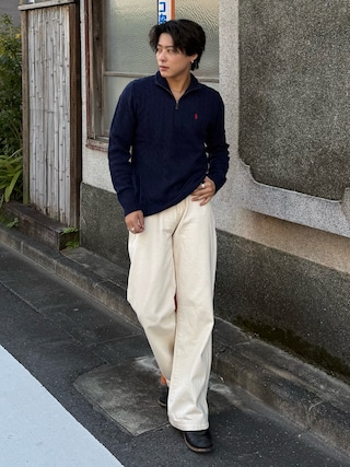 「POLO RALPH LAUREN(ポロ ラルフ ローレン)のケーブルニット クォータージップ セーター(ニット/セーター)」を使った、岡本幸大さん(メンズ・172cm)の秋コーディネート