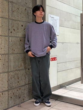 「URBAN RESEARCH DOORS（アーバンリサーチドアーズ）のFORK&SPOON　プレーティングボーダーロングスリーブTシャツ（Tシャツ/カットソー、パープル系）」を使った、ITOさん（メンズ・180cm）の秋コーディネート