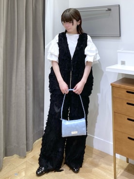 「ROSE BUD（ローズバッド）の(CREOLME)FRINGE JACQUARD PANTS（その他パンツ、ブラック系）」を使った、MAMIさん（レディース・160cm）の夏コーディネート