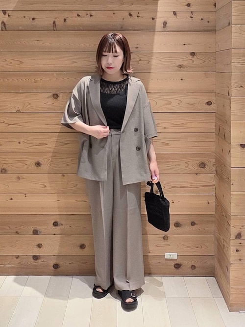 GLOBAL WORKノーカラー　パンツ　スーツ ウエストゴム　ブラウン系　XL お手入れラクラクセットアップ/ワイドパンツ/632905（その他パンツ