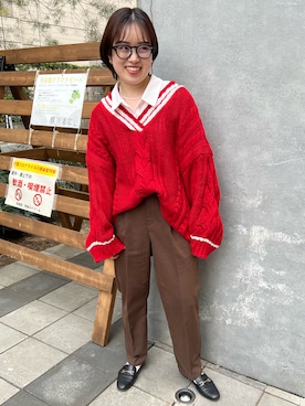 「one after another NICE CLAUP（ワンアフターアナザーナイスクラップ）のアイテム（スラックス、ブラウン系）」を使った、ﾒｲさん（レディース・153cm）の秋コーディネート