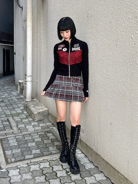 「jouetie（ジュエティ）のストレッチレースアップロングブーツ（ブーツ、ブラック系）」を使った、JURIさん（レディース・161cm）の秋コーディネート