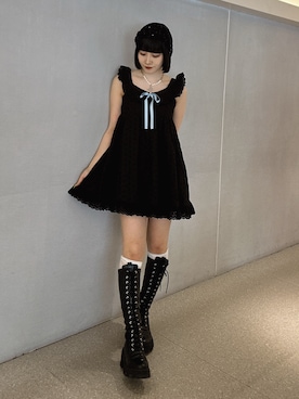 「jouetie（ジュエティ）のコットンレースフレアミニワンピース（ワンピース、ブラック系）」を使った、JURIさん（レディース・161cm）の春コーディネート