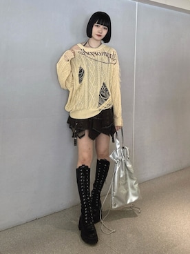 「jouetie（ジュエティ）のストレッチレースアップロングブーツ 厚底 靴 秋服（ブーツ、ブラック系）」を使った、JURIさん（レディース・161cm）の春コーディネート