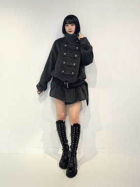 「jouetie（ジュエティ）のストレッチレースアップロングブーツ（ブーツ、ブラック系）」を使った、JURIさん（レディース・161cm）の秋コーディネート