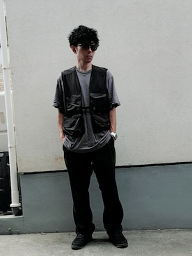 「GU（ジーユー）のアイテム（Other outerwear、ブラック系）」を使った、03さん（メンズ・176cm）の夏コーディネート