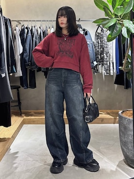 「PAGEBOY（ページボーイ）のレースカレッジスウェット/トレーナー【SHORT/LONG2サイズ展開】（スウェット、レッド系）」を使った、82omochi73さん（レディース・158cm）の秋コーディネート