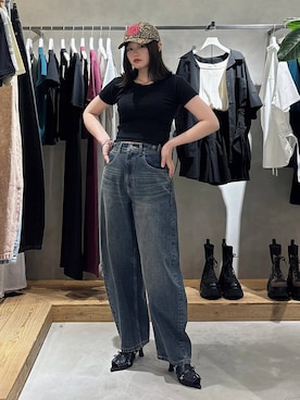 「PBLIM（ページボーイリム）の《UNISEX/３サイズ展開》バルーンデニム / ２WAYボタンで調整可能（デニムパンツ、ブルー系）」を使った、82omochi73さん（レディース・158cm）の春コーディネート