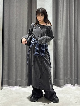 「PAGEBOY（ページボーイ）のサンドヴィンテージキリカエロングスリーブワンピース(長袖) 【ボートネック・ワンショルダー対応】（ワンピース）」を使った、82omochi73さん（レディース・158cm）の夏コーディネート