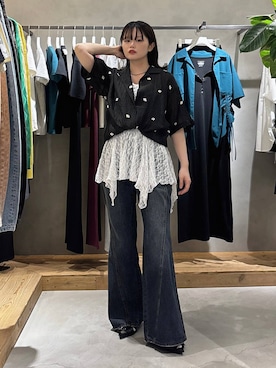 「PAGEBOY（ページボーイ）のスリムレッグフレアデニム【4color/4size】（デニムパンツ、ブルー系）」を使った、82omochi73さん（レディース・158cm）の春コーディネート