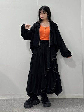 「PAGEBOY（ページボーイ）のレースアップソックスブーツ（ブーツ、ブラック系）」を使った、82omochi73さん（レディース・158cm）の春コーディネート
