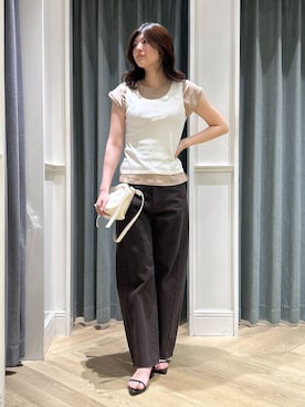 「A part by（アパートバイ）のレイヤードヘンリーネックプルオーバー（Tシャツ/カットソー、ベージュ系）」を使った、hinariさん（レディース・167cm）の夏コーディネート