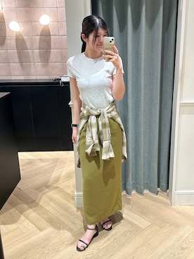 「A part by（アパートバイ）のチェックシャツ_長袖（シャツ/ブラウス、グリーン系）」を使った、hinariさん（レディース・167cm）の夏コーディネート