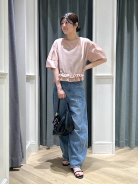 「A part by（アパートバイ）の【定番人気】Apbコクーンデニムパンツ≪追加3≫（デニムパンツ、ブルー系）」を使った、hinariさん（レディース・167cm）の夏コーディネート