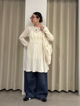 「KBF（ケイビーエフ）のリンクルミニキャミワンピース（ワンピース、ホワイト系）」を使った、てらさん（レディース・153cm）の春コーディネート