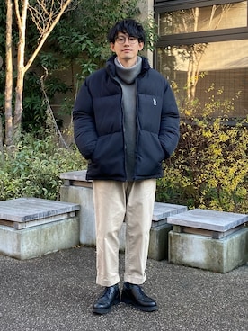 「チェック柄に恋してる」｜「アイテム（ダウンジャケット/コート）」を使った、ゆっきーさん（メンズ・165cm）の冬コーディネート