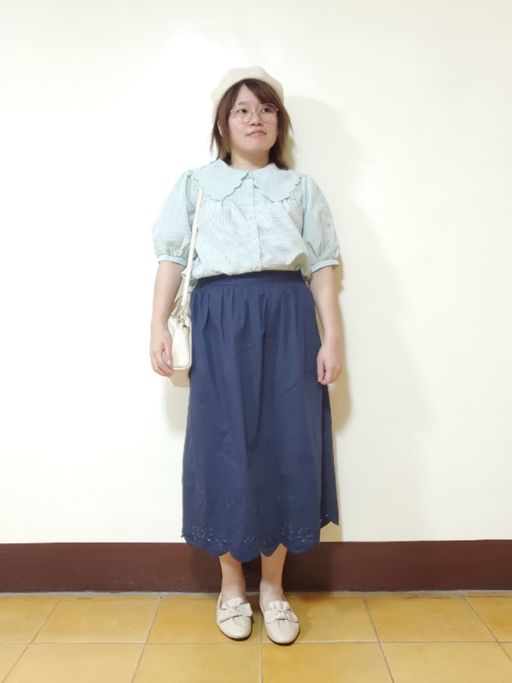 「ootd、夏、夏コーデ、刺繍、刺繍スカート、低身長女子、低身長、大人カジュアル、大人かわいい」｜「ehka sopoのギンガムスカラップ襟ブラウス（シャツ/ブラウス、グリーン系）」を使った、呱呱🍯さん（レディース・152cm）の夏コーディネートの1枚目の写真