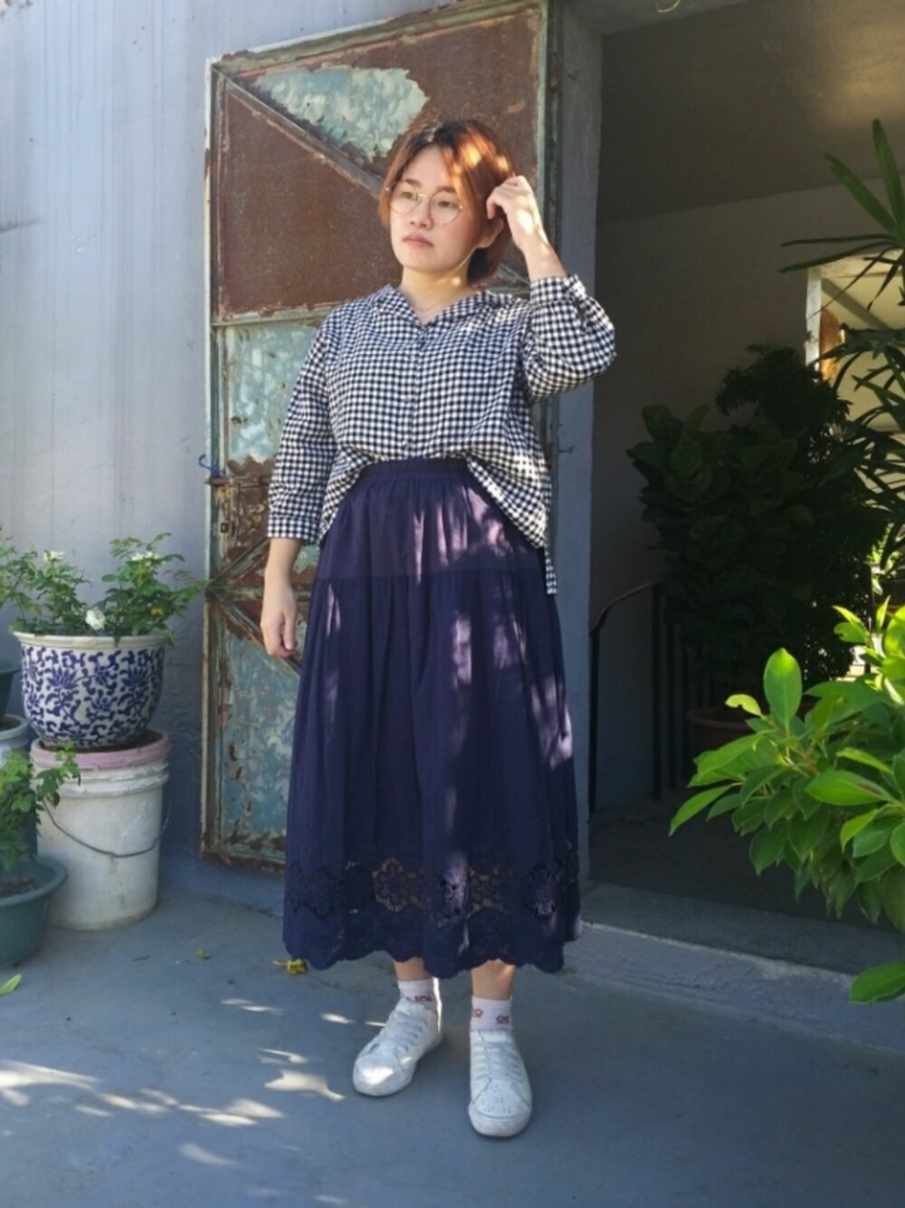 「大人カジュアル、大人かわいい、秋服準備はじめました、秋コーデ、低身長、チェック柄」｜「Samansa Mos2のリネン混柄アソート開襟シャツ（シャツ/ブラウス、グレー系）」を使った、呱呱🍯さん（レディース・152cm）の秋コーディネートの1枚目の写真
