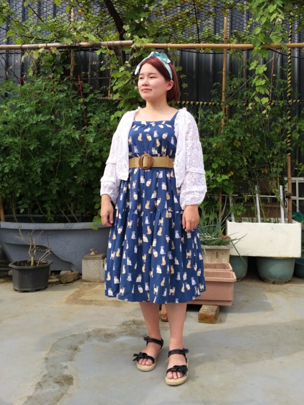「ootd、夏コーデ、ワンピース、猫、花柄、花柄ワンピース、Taiwan、台湾」｜「UNIQLOのPAUL & JOE 細肩帶洋裝（ジャンパースカート、ブルー系）」を使った、呱呱🍯さん（レディース・152cm）の夏コーディネートの1枚目の写真