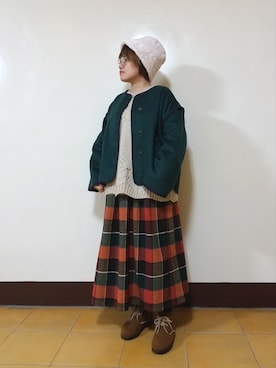 「チェック柄に恋してる」｜「アイテム（ノーカラーコート）」を使った、呱呱🍯さん（レディース・152cm）の冬コーディネート