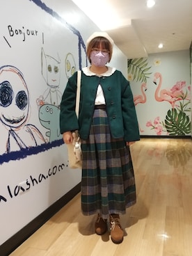 「チェック柄に恋してる」｜「アイテム（ハンチング/ベレー帽）」を使った、呱呱🍯さん（レディース・152cm）の冬コーディネート