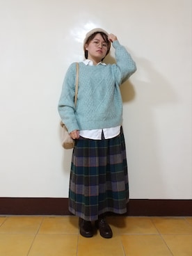 「チェック柄に恋してる」｜「アイテム（ハンチング/ベレー帽）」を使った、呱呱🍯さん（レディース・152cm）の春コーディネート