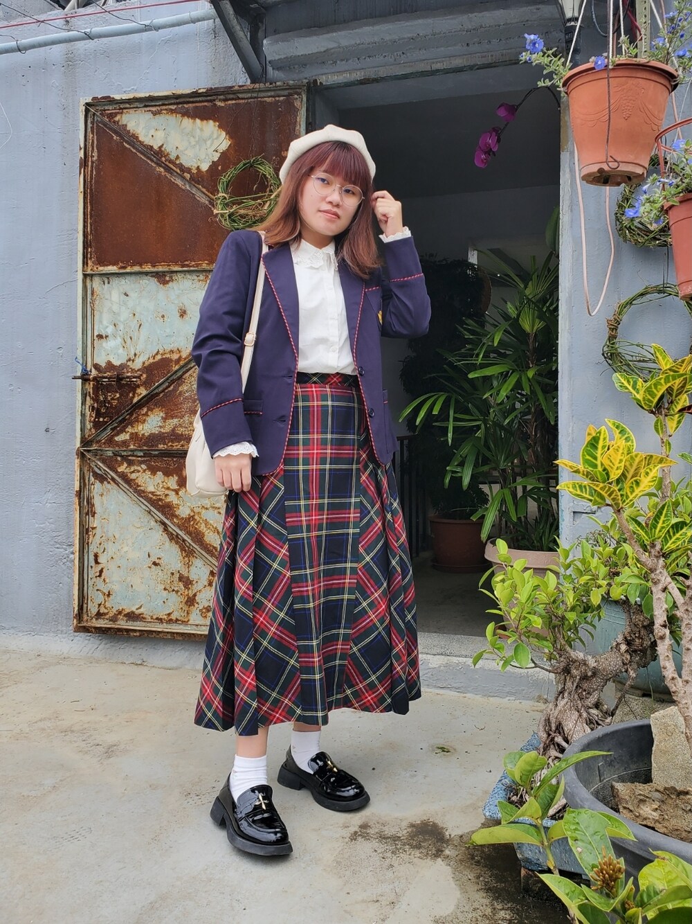 「いまどきジャケット写真、春コーデ、英国トラッド、休閒、復古、vintage、低身長」｜「ehka sopoのレース襟ブラウス（シャツ/ブラウス、ホワイト系）」を使った、呱呱🍯さん（レディース・152cm）の春コーディネートの1枚目の写真