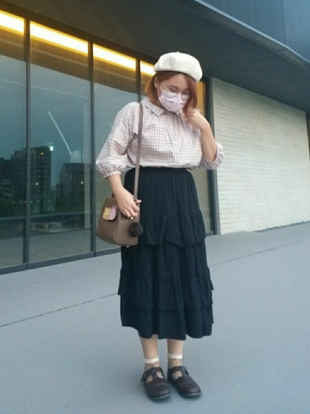 「夏コーデ、ブラウス、チェック柄、チェック柄シャツ、大人カジュアル、大人かわいい」｜「Samansa Mos2の衿付前後着ブラウス（シャツ/ブラウス、ベージュ系）」を使った、呱呱🍯さん（レディース・152cm）の夏コーディネートの1枚目の写真