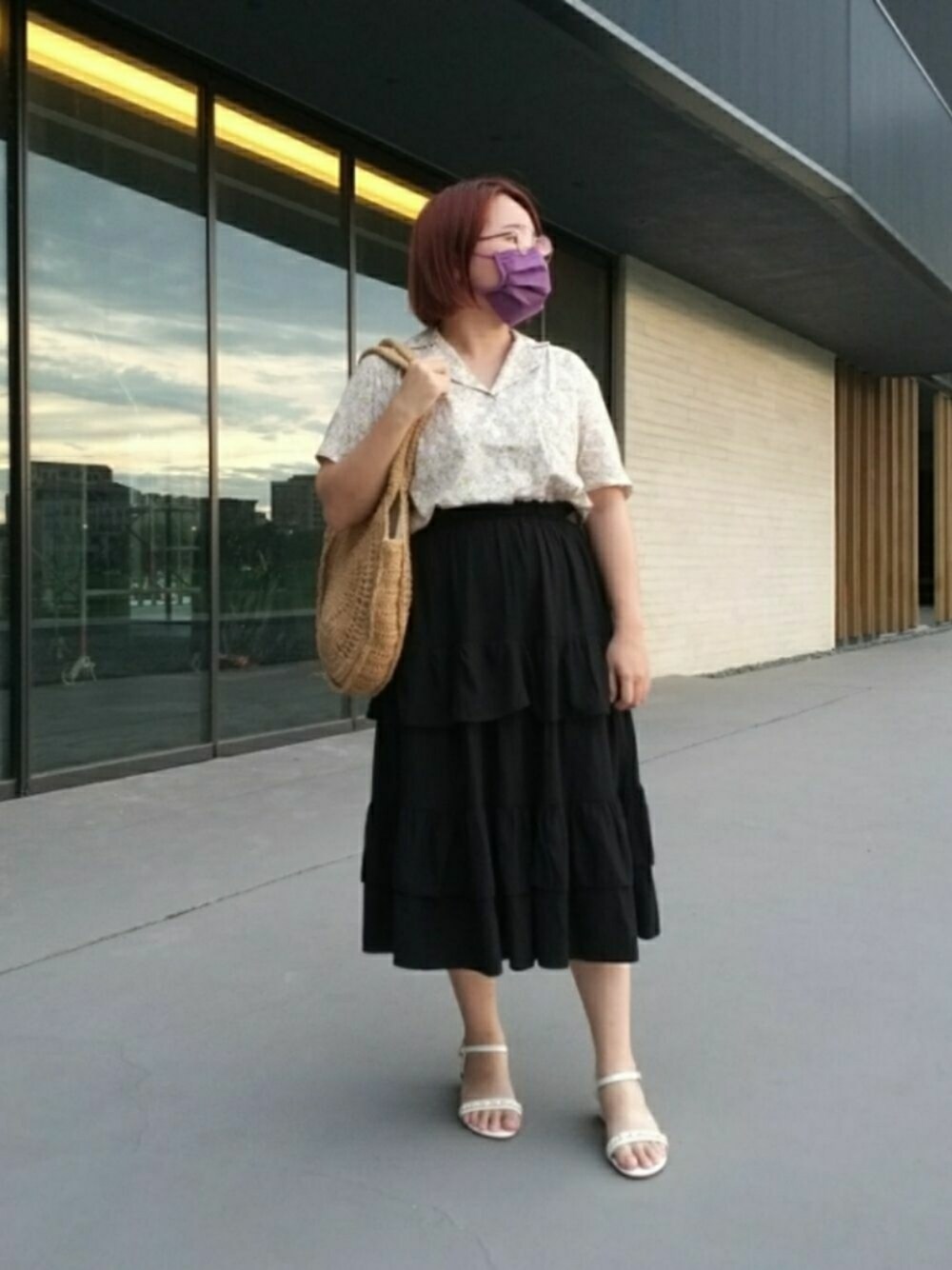 「ootd、夏コーデ、シャツ、花柄、花柄シャツ、台湾、Taiwan」｜「JINSの【All Titanium -2-】オールチタン2（メガネ、ブラウン系）」を使った、呱呱🍯さん（レディース・152cm）の夏コーディネートの1枚目の写真
