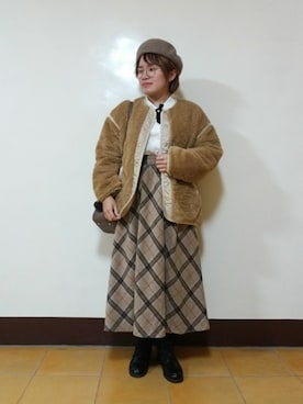 「茶色」｜「アイテム（ノーカラージャケット）」を使った、呱呱🍯さん（レディース・152cm）の冬コーディネート