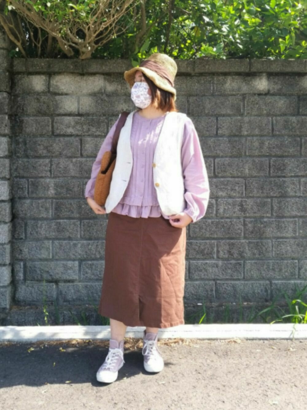 「ootd、夏コーデ、シャツ、ラベンダー、Taiwan、台湾」｜「Samansa Mos2のペーパークロッシェハット（ハット、ブラウン系）」を使った、呱呱🍯さん（レディース・152cm）の夏コーディネートの1枚目の写真
