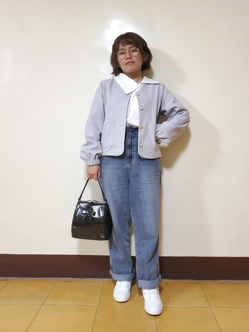 「大人カジュアル、大人コーデ、春コーデ、春夏コーデ、青、韓国ファッション、低身長」｜「FAVEのアイテム（ノーカラージャケット、ブルー系）」を使った、呱呱🍯さん（レディース・152cm）の春コーディネートの1枚目の写真