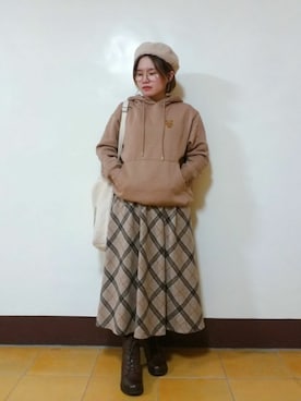 「チェック柄に恋してる」｜「アイテム（ハンチング/ベレー帽）」を使った、呱呱🍯さん（レディース・152cm）の冬コーディネート