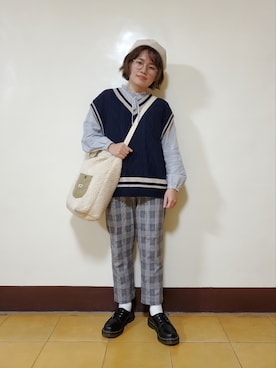 「チェック柄に恋してる」｜「アイテム（ハンチング/ベレー帽）」を使った、呱呱🍯さん（レディース・152cm）の春コーディネート