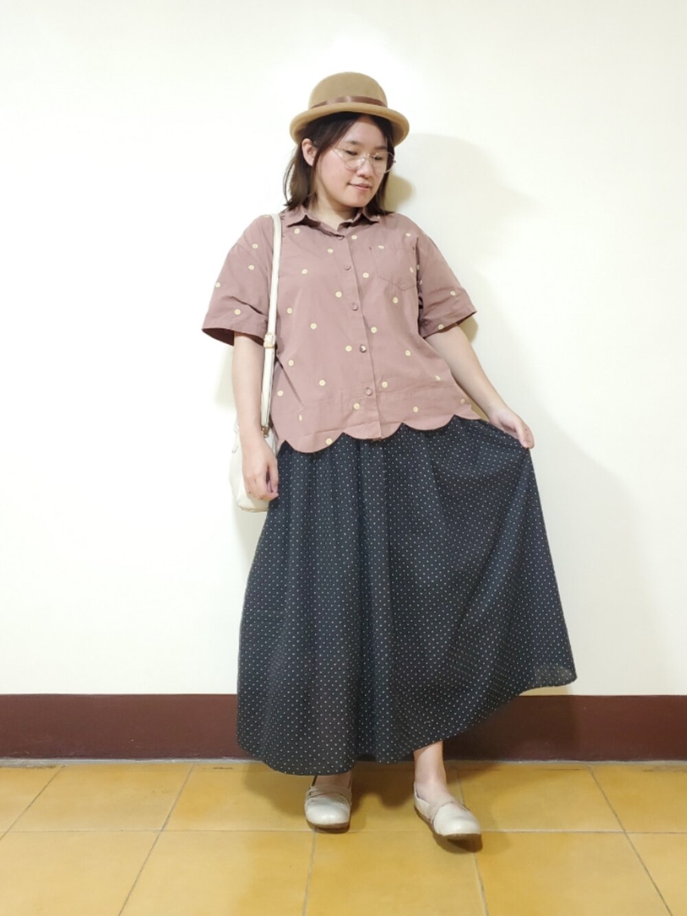 「アツいコーデ全部見せ、ootd、夏、大人カジュアル、大人かわいい、低身長、低身長女子、水玉」｜「躲貓貓 HI and Seeのアイテム（シャツ/ブラウス、ピンク系）」を使った、呱呱🍯さん（レディース・152cm）の夏コーディネートの1枚目の写真