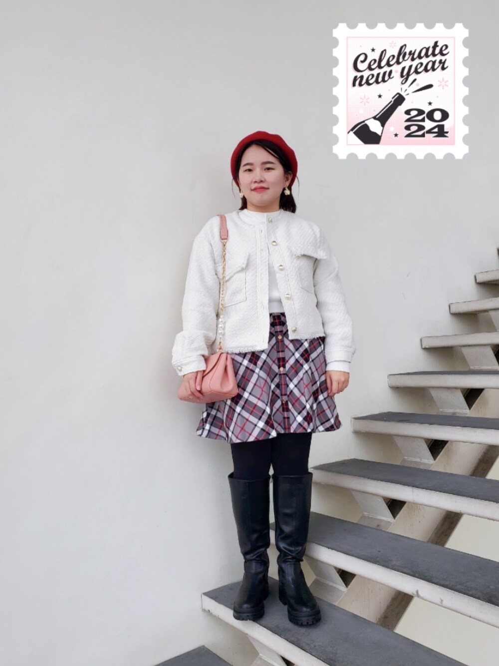 「ootd、大人カジュアル、大人女子、低身長、低身長女子、街頭穿搭、大人コーデ、復古、vintage、差し色、新年一発目」｜「Te chichi TERRASSEの【日比谷花壇コラボ】ツイードノーカラージャケット（ノーカラージャケット、ホワイト系）」を使った、呱呱🍯さん（レディース・152cm）の冬コーディネートの1枚目の写真