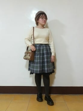 「チェック柄に恋してる」｜「アイテム（ハンチング/ベレー帽）」を使った、呱呱🍯さん（レディース・152cm）の冬コーディネート
