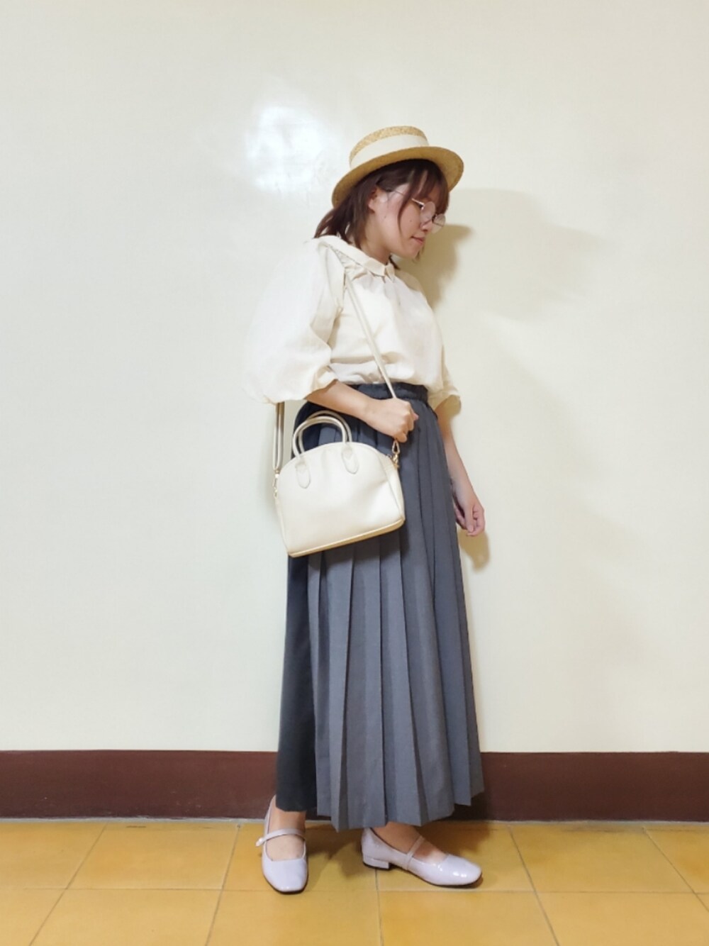 「みんなの白Tフェス、ootd、夏、夏コーデ、街頭穿搭、復古、低身長、低身長女子、切り替え」｜「Samansa Mos2の前後2WAYバルーンスリーブブラウス（シャツ/ブラウス、ホワイト系）」を使った、呱呱🍯さん（レディース・152cm）の夏コーディネートの1枚目の写真