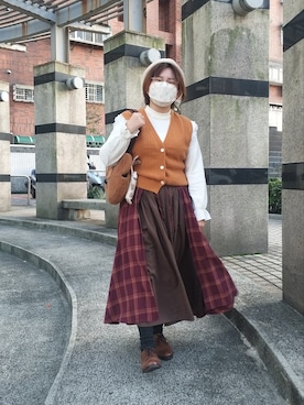 「チェック柄に恋してる」｜「アイテム（ハンチング/ベレー帽）」を使った、呱呱🍯さん（レディース・152cm）の冬コーディネート